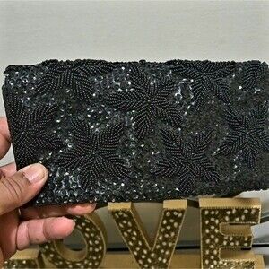 Vintage Silver Craft Black Beaded Sequin Evening Clutch Bag Made In Hong Kong